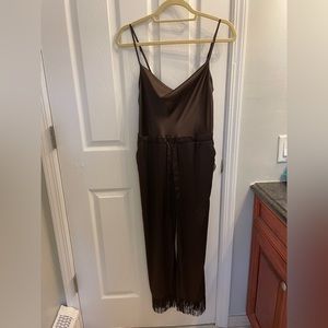 Kittenish Marla Brown Satin Jumpsuit with Fringe Bottom XS